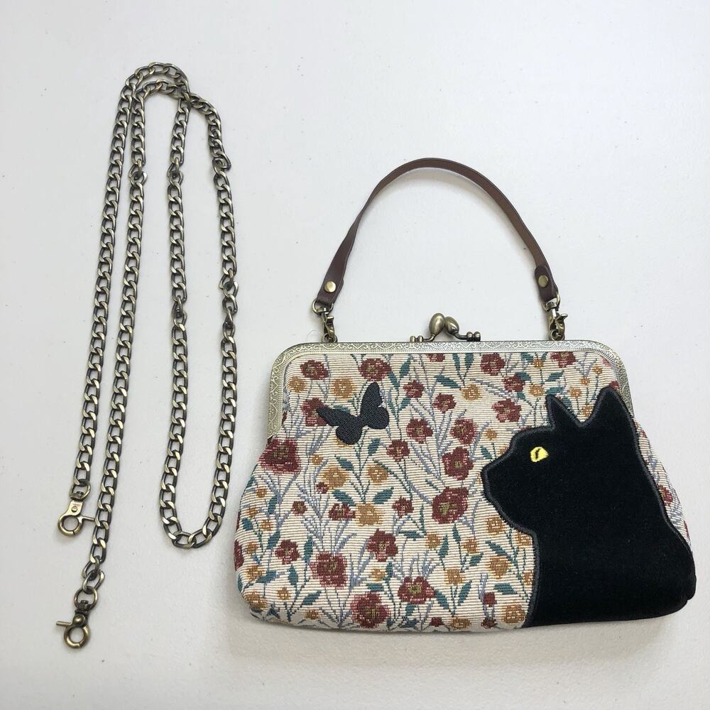 NEW Floral Black Cat Kiss Lock Bag Embroidered Knit Vintage Chain Strap